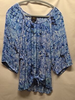 JM Collection Blue Patterned Tie-Front Tunic XXL Coastal Nautical Vacation
